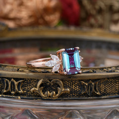 4CT Emerald Cut Alexandrite Vintage 4 Prong Engagement Ring with Marquise Cluster