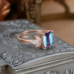 4CT Emerald Cut Alexandrite Vintage 4 Prong Engagement Ring with Marquise Cluster