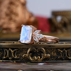 4CT Emerald Cut Moonstone Vintage 4 Prong Engagement Ring with Marquise Cluster