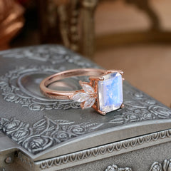 4CT Emerald Cut Moonstone Vintage 4 Prong Engagement Ring with Marquise Cluster