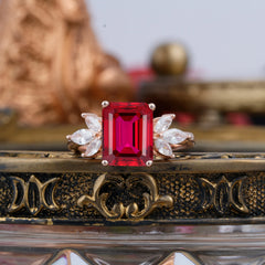 4CT Emerald Cut Ruby Vintage 4 Prong Engagement Ring with Marquise Cluster