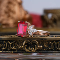 4CT Emerald Cut Ruby Vintage 4 Prong Engagement Ring with Marquise Cluster