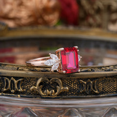 4CT Emerald Cut Ruby Vintage 4 Prong Engagement Ring with Marquise Cluster