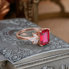 4CT Emerald Cut Ruby Vintage 4 Prong Engagement Ring with Marquise Cluster