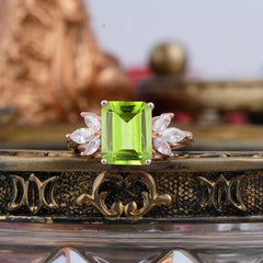 4CT Emerald Cut Peridot Vintage Engagement Ring with Marquise Cluster