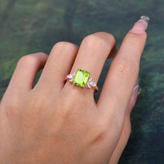 4CT Emerald Cut Peridot Vintage Engagement Ring with Marquise Cluster