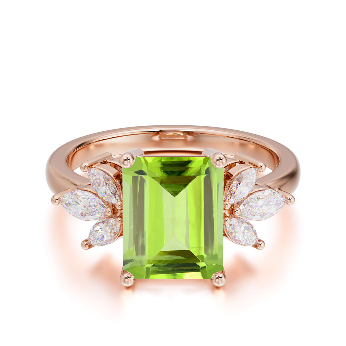 4CT Emerald Cut Peridot Vintage Engagement Ring with Marquise Cluster
