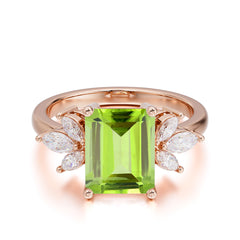 4CT Emerald Cut Peridot Vintage Engagement Ring with Marquise Cluster