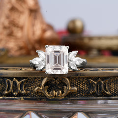 4CT Emerald Cut Moissanite Vintage Engagement Ring with Marquise Cluster