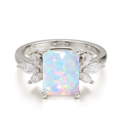 4CT Emerald Cut Opal Vintage Engagement Ring with Marquise Cluster
