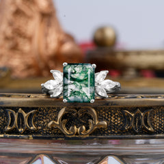 4CT Emerald Cut Moss Agate Vintage Engagement Ring with Marquise Cluster
