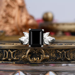 4CT Emerald Cut Black Onyx Vintage Engagement Ring with Marquise Cluster