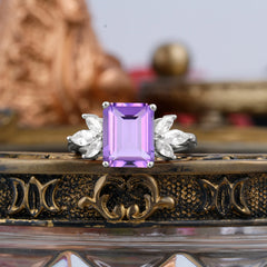 4CT Emerald Cut Amethyst Vintage 4 Prong Engagement Ring with Marquise Cluster