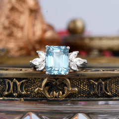 4CT Emerald Cut Aquamarine Vintage 4 Prong Engagement Ring with Marquise Cluster