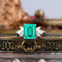 4CT Emerald Cut Emerald Vintage 4 Prong Engagement Ring with Marquise Cluster