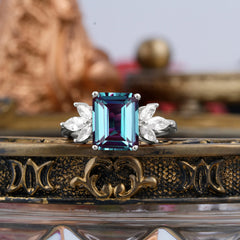 4CT Emerald Cut Alexandrite Vintage 4 Prong Engagement Ring with Marquise Cluster