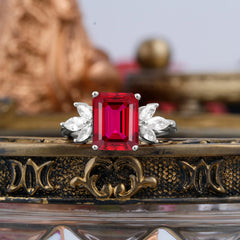 4CT Emerald Cut Ruby Vintage 4 Prong Engagement Ring with Marquise Cluster