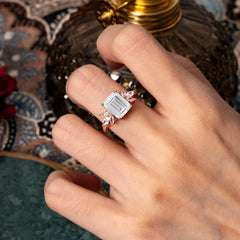 4CT Emerald Cut Moissanite Vintage Engagement Ring with Marquise Cluster