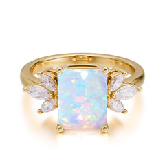 4CT Emerald Cut Opal Vintage Engagement Ring with Marquise Cluster
