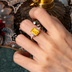 4CT Emerald Cut Citrine Vintage 4 Prong Engagement Ring with Marquise Cluster