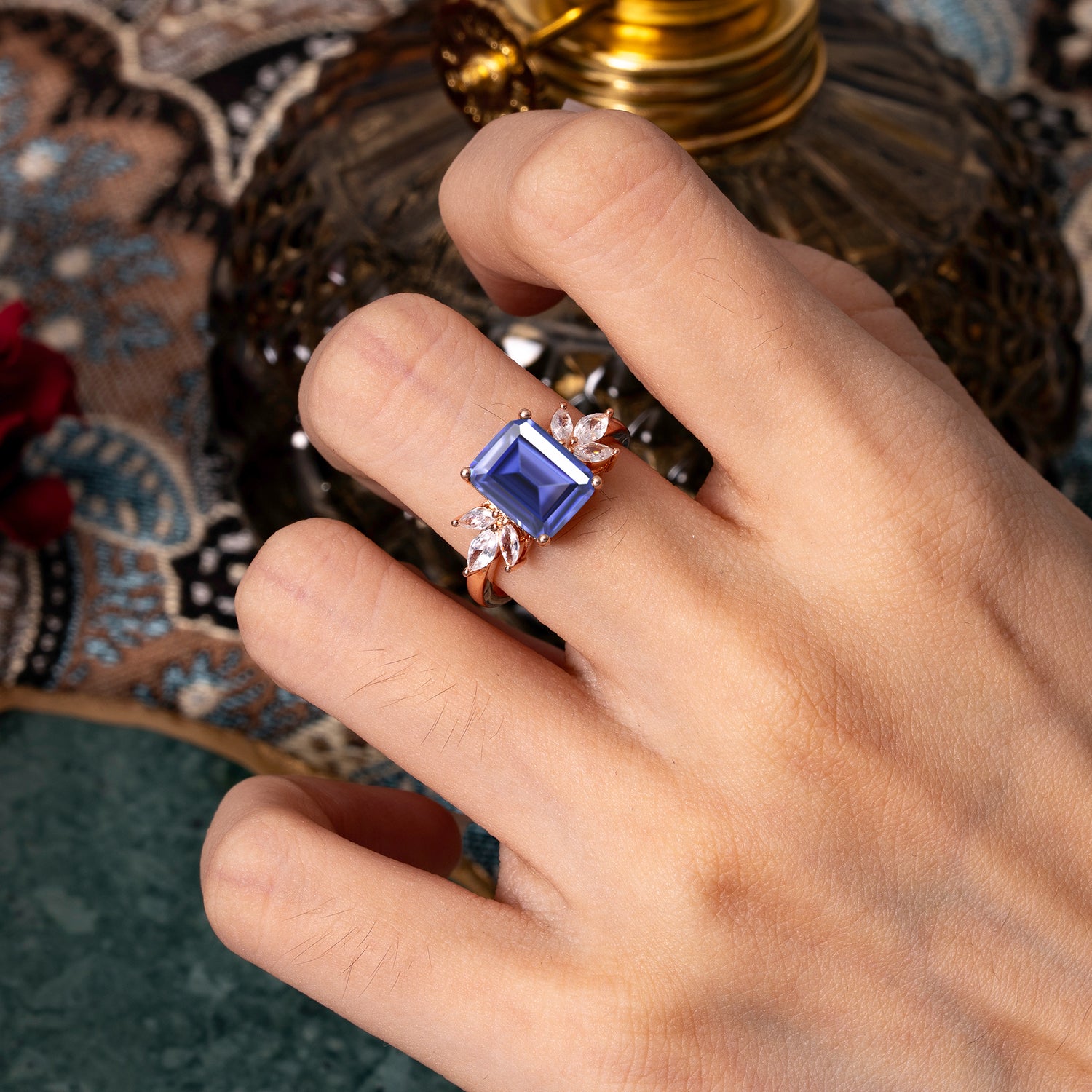 4CT Emerald Cut Tanzanite Vintage 4 Prong Engagement Ring with Marquise Cluster - Romalar Jewelry