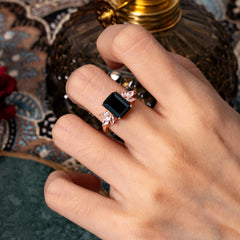 4CT Emerald Cut Black Onyx Vintage Engagement Ring with Marquise Cluster