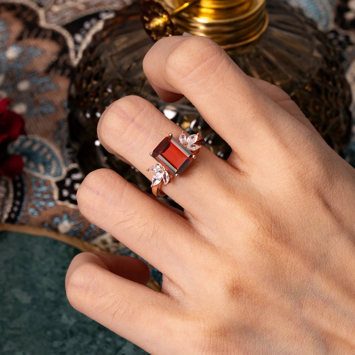 4CT Emerald Cut Garnet Vintage 4 Prong Engagement Ring with Marquise Cluster