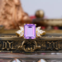 4CT Emerald Cut Amethyst Vintage 4 Prong Engagement Ring with Marquise Cluster
