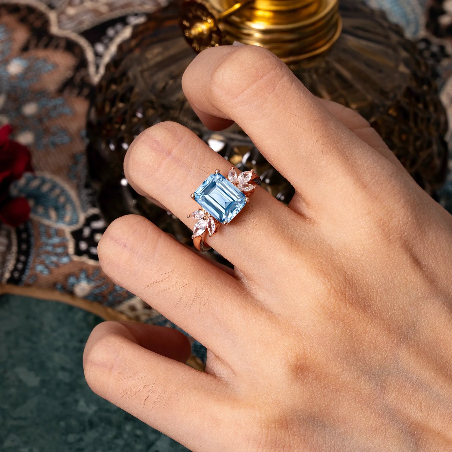 4CT Emerald Cut Aquamarine Vintage 4 Prong Engagement Ring with Marquise Cluster