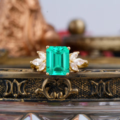4CT Emerald Cut Emerald Vintage 4 Prong Engagement Ring with Marquise Cluster