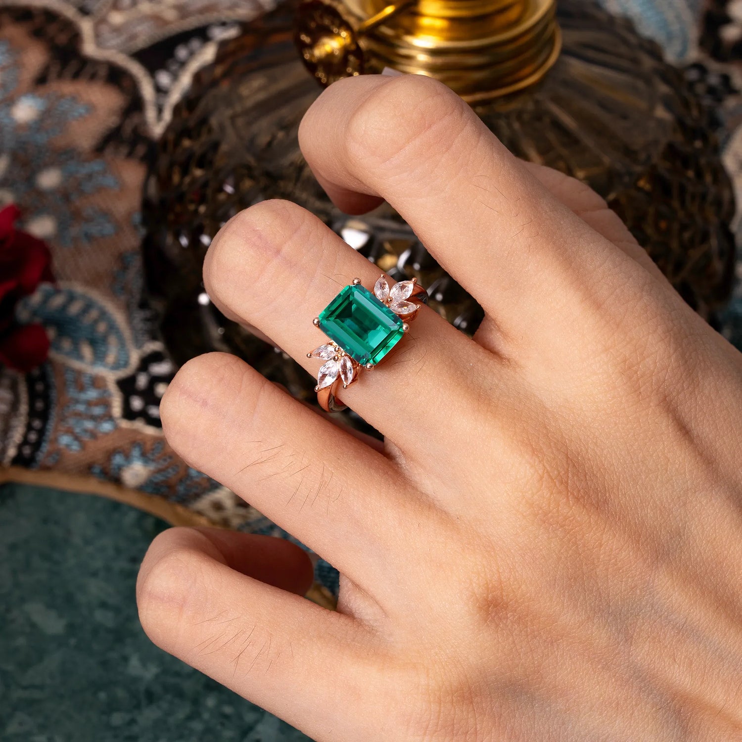 4CT Emerald Cut Emerald Vintage 4 Prong Engagement Ring with Marquise Cluster