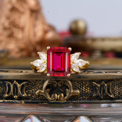 4CT Emerald Cut Ruby Vintage 4 Prong Engagement Ring with Marquise Cluster