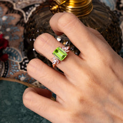 4CT Emerald Cut Peridot Vintage Engagement Ring with Marquise Cluster