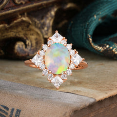 3CT Oval Cut Opal Halo Engagement Ring for Women