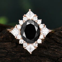 3CT Oval Cut Black Onyx Halo Engagement Ring for Women
