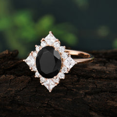 3CT Oval Cut Black Onyx Halo Engagement Ring for Women