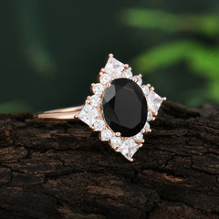 3CT Oval Cut Black Onyx Halo Engagement Ring for Women