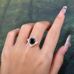 3CT Oval Cut Black Onyx Halo Engagement Ring for Women