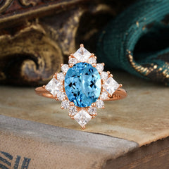 3CT Oval Cut Aquamarine Halo Engagement Ring for Women