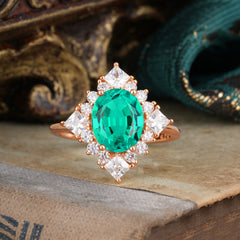 3CT Oval Cut Emerald Halo Engagement Ring for Women