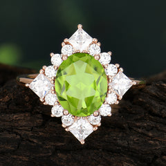 3CT Oval Cut Peridot Halo Engagement Ring for Women