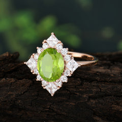 3CT Oval Cut Peridot Halo Engagement Ring for Women