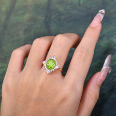 3CT Oval Cut Peridot Halo Engagement Ring for Women