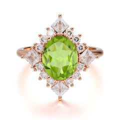 3CT Oval Cut Peridot Halo Engagement Ring for Women