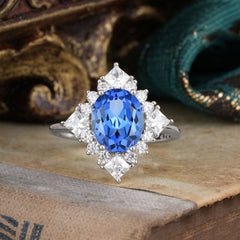 3CT Oval Cut 4 Prong Sapphire Engagement Ring | Halo Princess Design | Women’s Wedding Anniversary Gift Ring