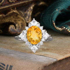 3CT Oval Cut Citrine Halo Engagement Ring for Women