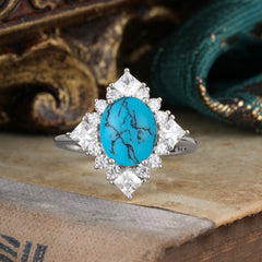 3CT Oval Cut Turquoise Halo Engagement Ring for Women