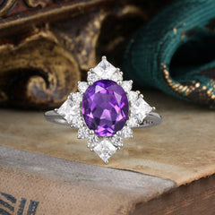 3CT Oval Cut Amethyst Halo Engagement Ring for Women