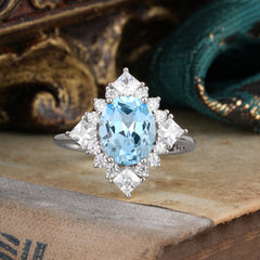 3CT Oval Cut Aquamarine Halo Engagement Ring for Women
