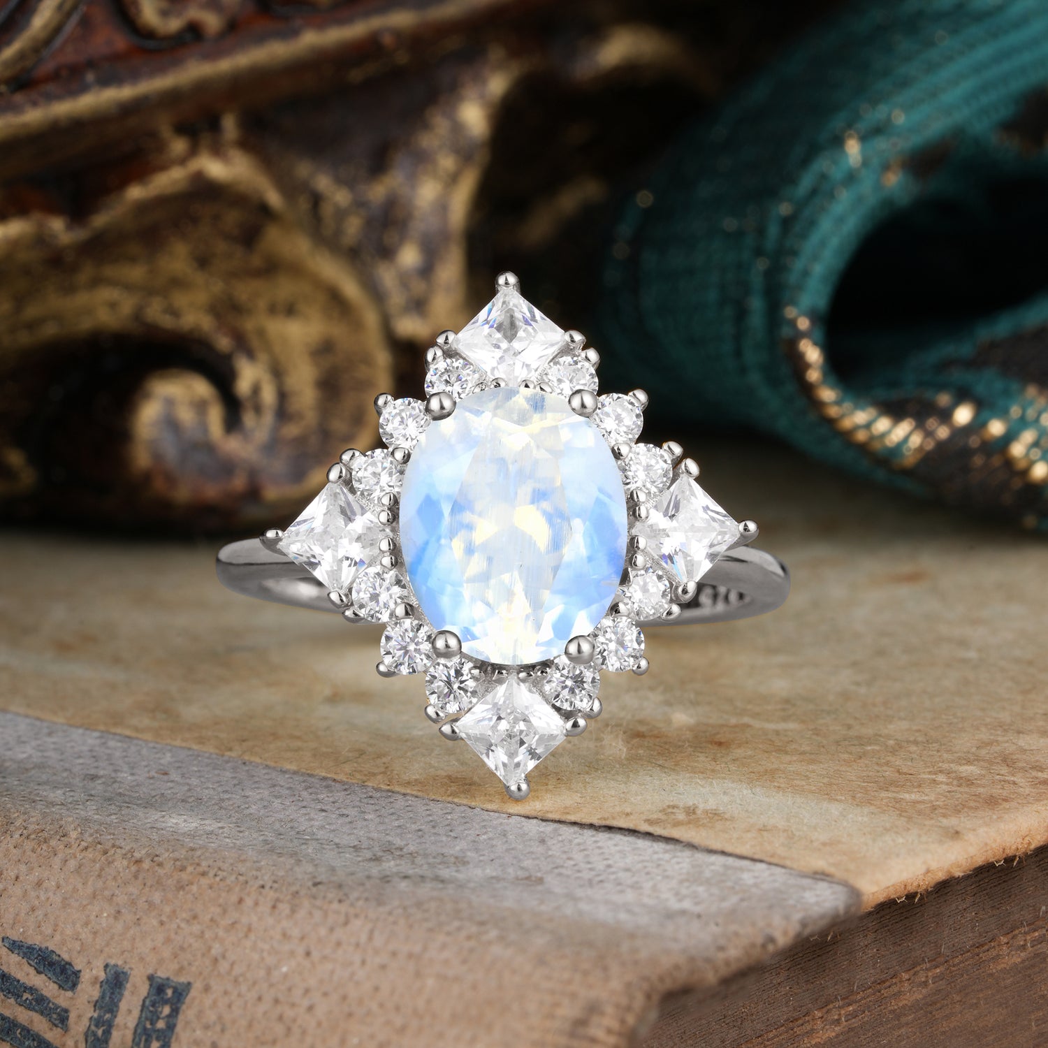 3CT Oval Cut Moonstone Halo Engagement Ring for Women - Romalar Jewelry